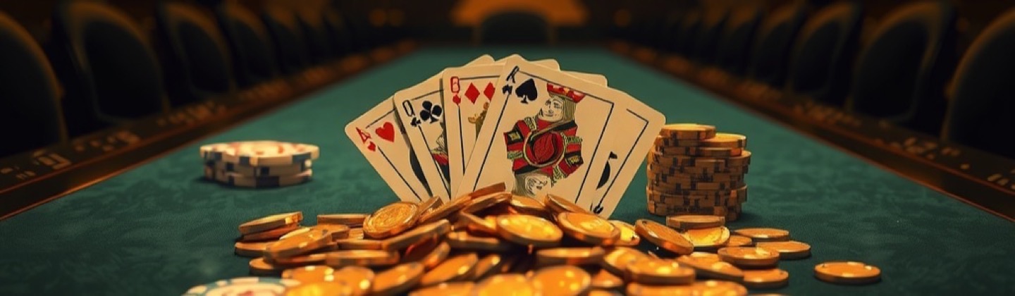 Diwa Lucky rummy and teen patti app collection with playing cards, poker chips and a pile of gold coins on a green felt table